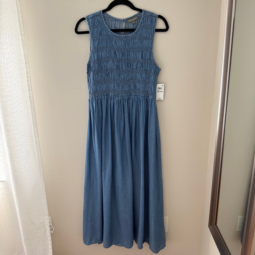 Style & Co Raven Blue Smocked Sleeveless Lyocell Midi Dress 100212663MS‎ Medium